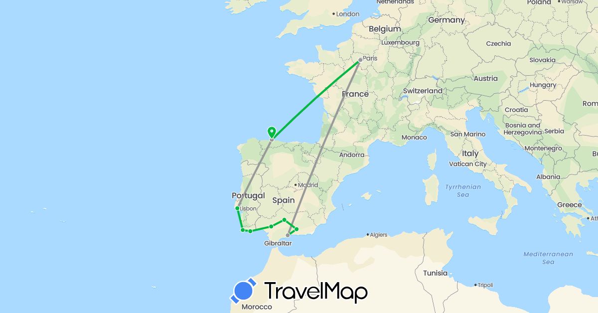 TravelMap itinerary: driving, bus, plane in Spain, France, Portugal (Europe)